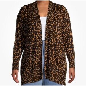 NWT Terra & Sky Women’s Plus Brown Leopard Print Open Knit Cardigan- Size 1X